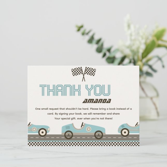 Racing Car Fast Baby Dusche Danke Karte (Stehend Vorderseite)