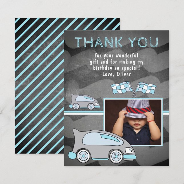 Racing Car Flag Chalkboard Foto Geburtstag Dankeskarte (Vorne/Hinten)