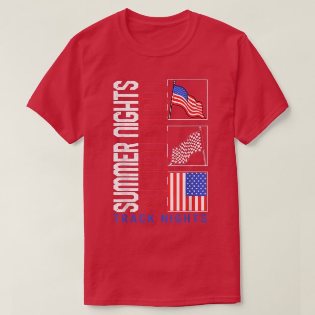 Racing Car Summer Night Dirt Track Lights USA Flag T-Shirt (Design vorne)