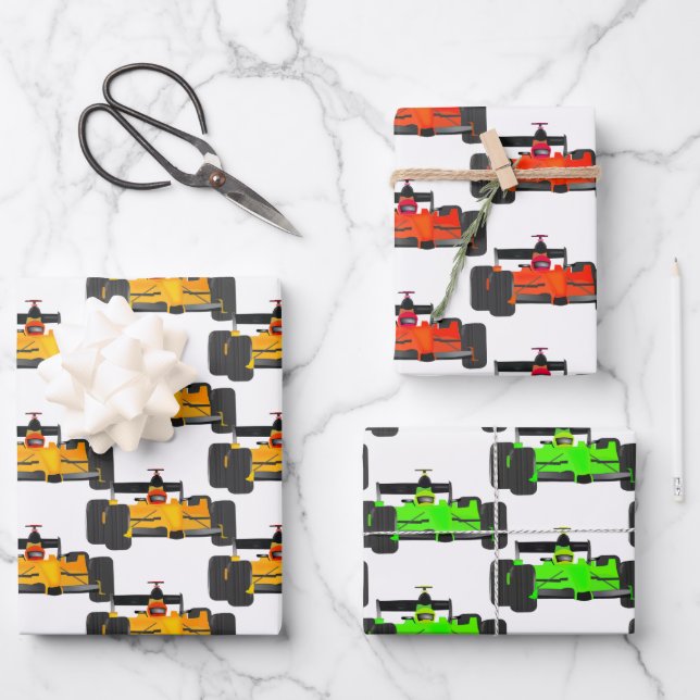 Racing Cars geteerte Design Wrapping Paper Sheets Geschenkpapier Set (Vorderseite)