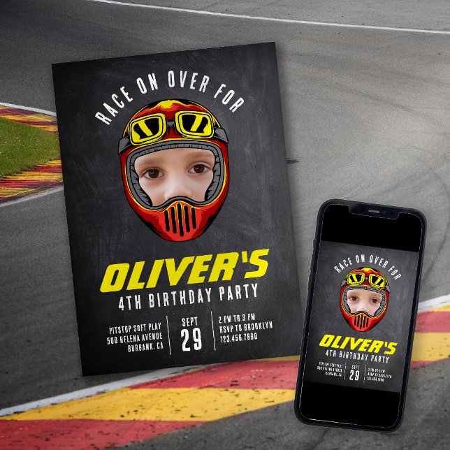 Racing Helmet Foto Geburtstagsparty Einladung (Von Creator hochgeladen)
