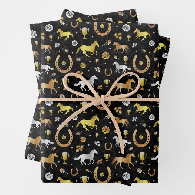 Racing Horseshoes Derby Pattern Black Gold Geschenkpapier Set (Beispiel)