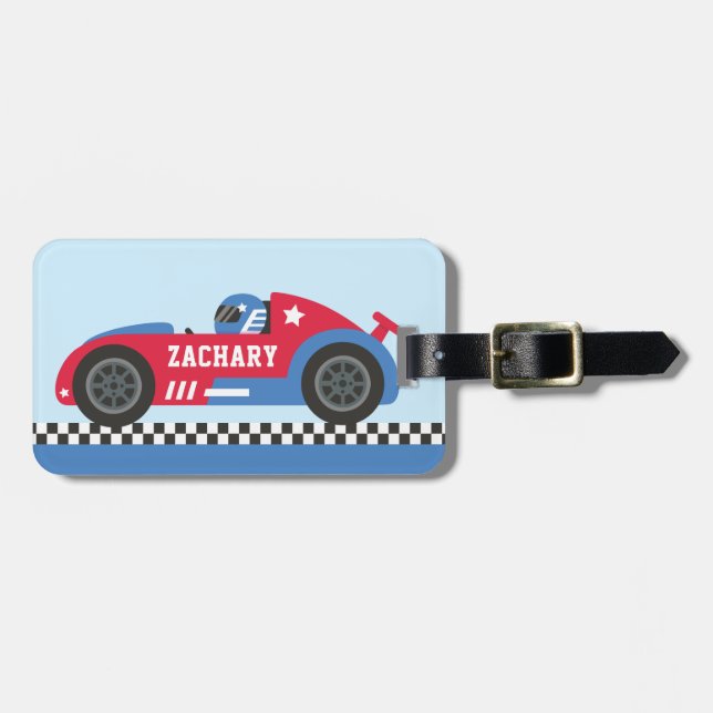Racing in Blue and Red Race Car Kids Personalisier Gepäckanhänger (Vorderseite horizontal)