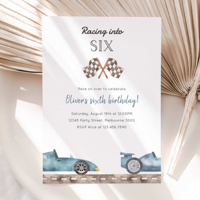 Racing Into Six Blue Car 5th Birthday Invitation Einladung (Von Creator hochgeladen)