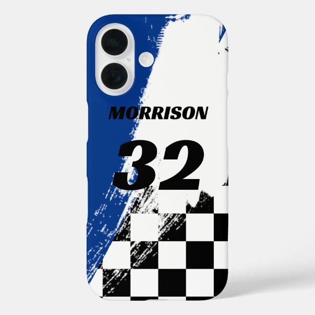 Racing Name Number Blue Black and White  iPhone 16 Hülle (Rückseite)