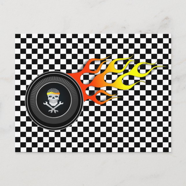 Racing Skull in Flaming Wheel Postkarte (Vorderseite)