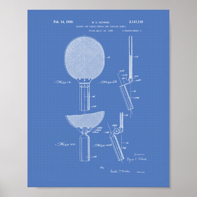 Racket Table Tennis 1939 Patentart - Blueprint Poster (Vorne)