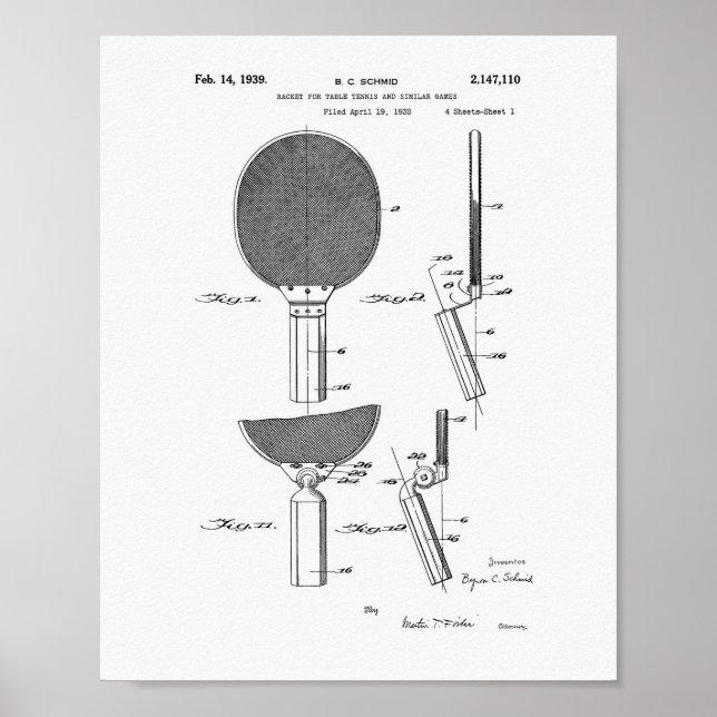 Racket Table Tennis 1939 Patentkunst - Weißbuch Poster (Vorne)