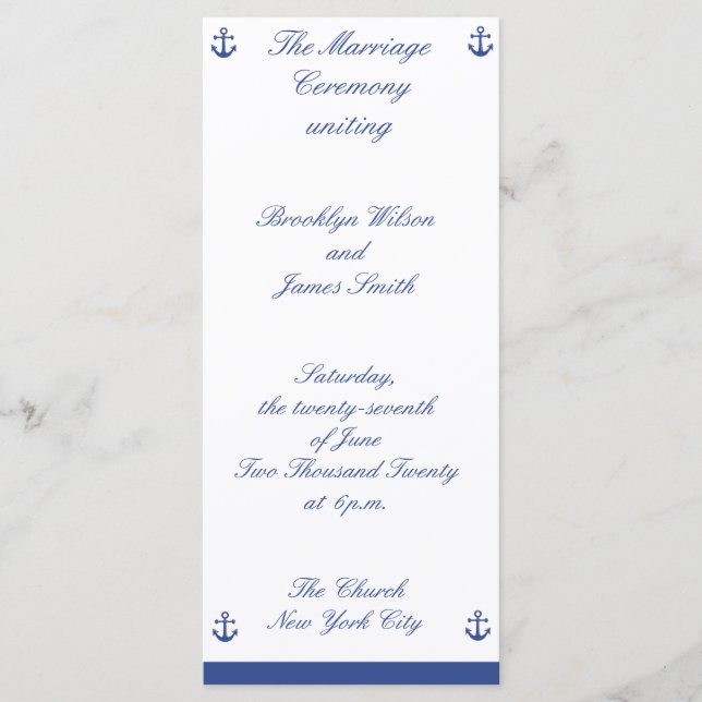 Rackkarte für Nautical Wedding Zeremony Programs Programm (Vorderseite)