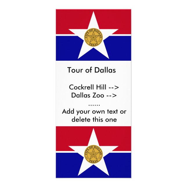 Rackkarte mit Flagge von Dallas, USA. Werbekarte (Vorne)
