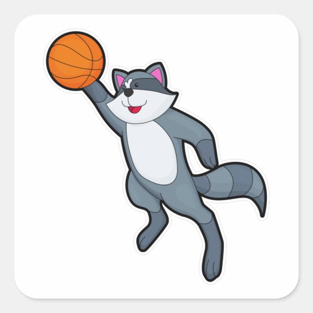 Racoon als Basketballspieler mit Basketball Quadratischer Aufkleber (Vorderseite)