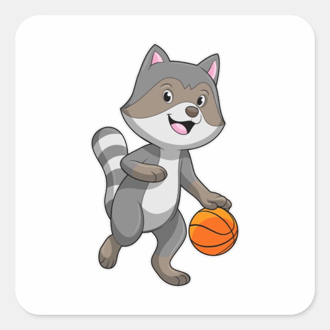 Racoon als Basketballspieler mit Basketball Quadratischer Aufkleber (Vorderseite)