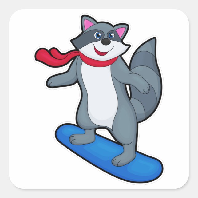 Racoon als Snowboarder mit Snowboard & Scarf Quadratischer Aufkleber (Vorderseite)