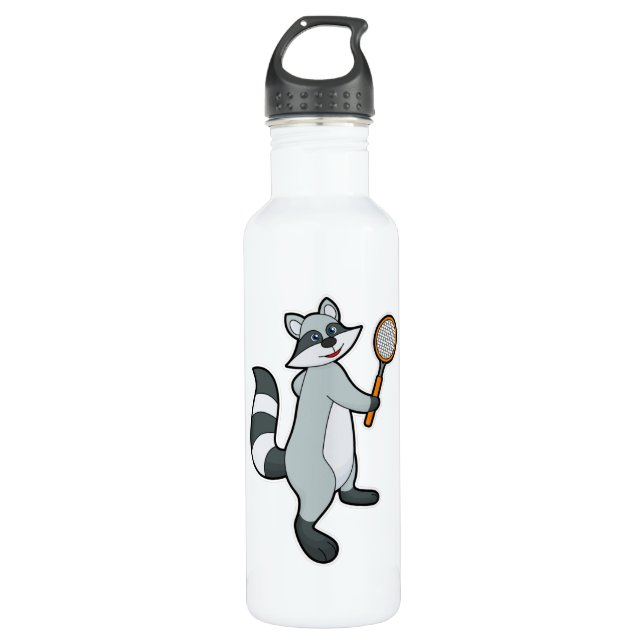 Racoon als Tennisspieler mit Tennisschläger Edelstahlflasche (Vorderseite)