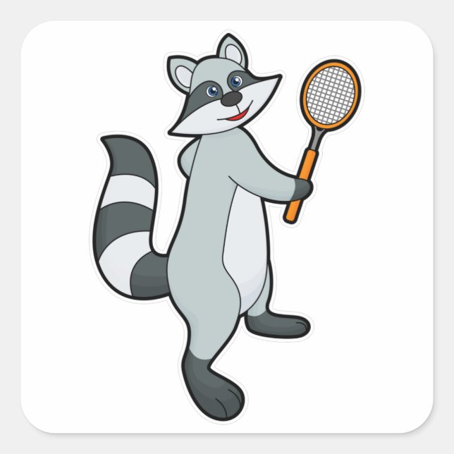 Racoon als Tennisspieler mit Tennisschläger Quadratischer Aufkleber (Vorderseite)