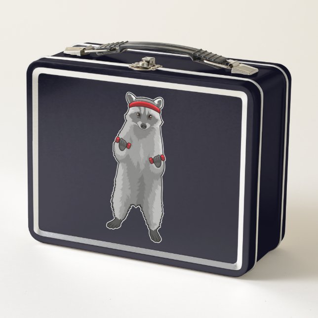 Racoon an der Fitness mit Dumbells Metall Brotdose (Vorderseite)
