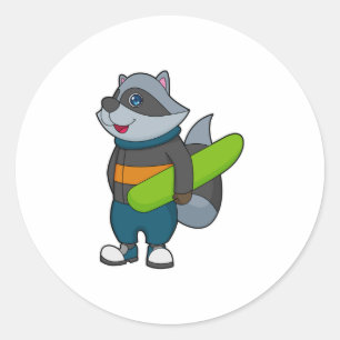 Racoon as Snowboarder with Snowboard Runder Aufkleber