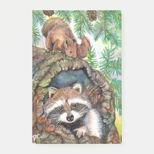Racoon im Baum-Loch mit Eichhörnchen Post-it Klebezettel (Vorderseite)