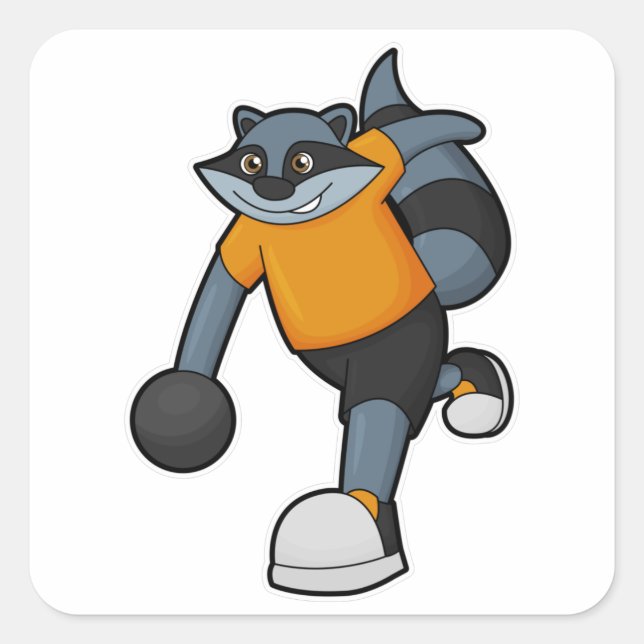 Racoon im Bowling mit Bowlingball Quadratischer Aufkleber (Vorderseite)