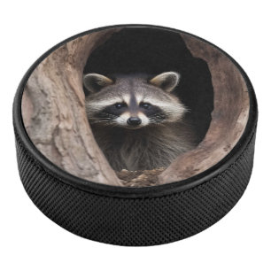 Racoon in der Baumhöhle Eishockey Puck