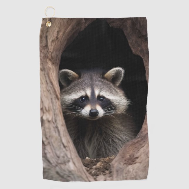 Racoon in der Baumhöhle Golfhandtuch (Vorderseite)