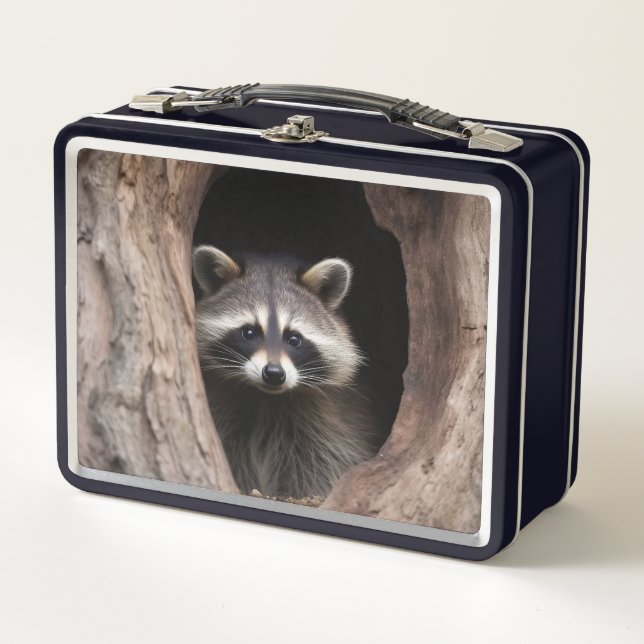 Racoon in der Baumhöhle Metall Brotdose (Vorderseite)