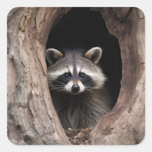 Racoon in der Baumhöhle Quadratischer Aufkleber