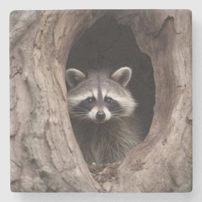 Racoon in der Baumhöhle Steinuntersetzer (Vorderseite)