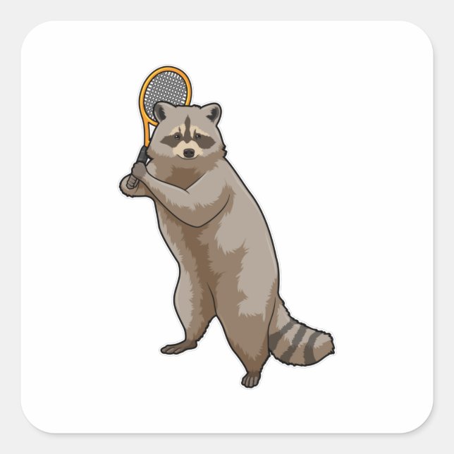 Racoon in Tennis mit Tennisschläger Quadratischer Aufkleber (Vorderseite)