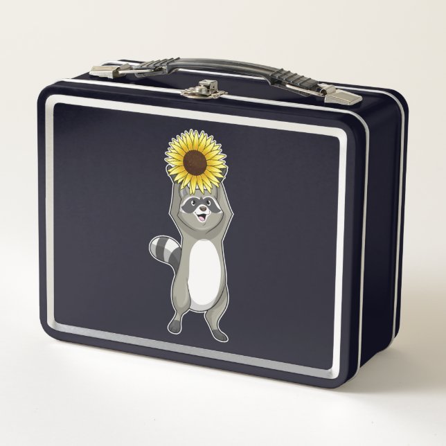 Racoon mit Sonnenblume Metall Brotdose (Vorderseite)