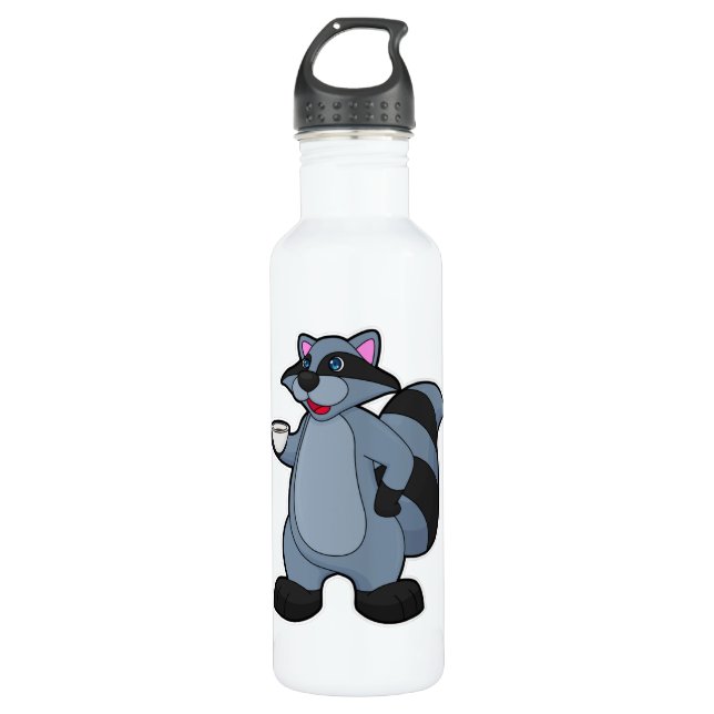 Racoon mit Tasse Kaffee Edelstahlflasche (Vorderseite)