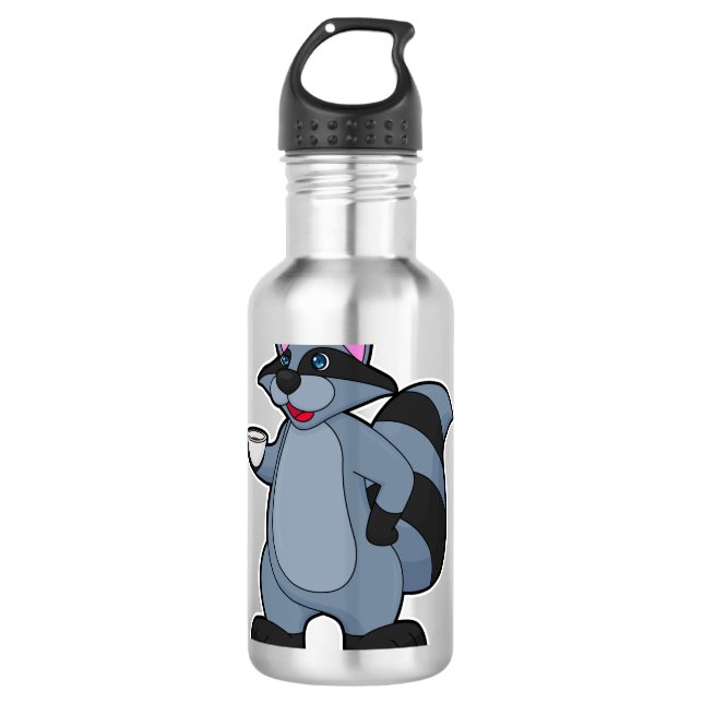 Racoon mit Tasse Kaffee Edelstahlflasche (Vorderseite)