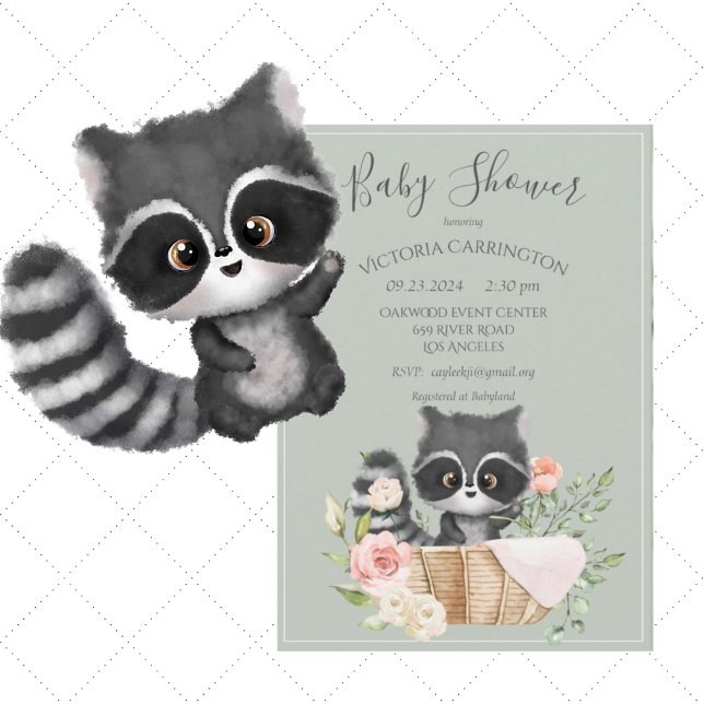 Racoon Watercolor Sage Baby shower Invitation (Créateur téléchargé)