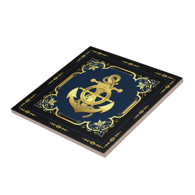 Rad/Ankermarinavy-blau/gold des Schiffes Fliese (Seite)