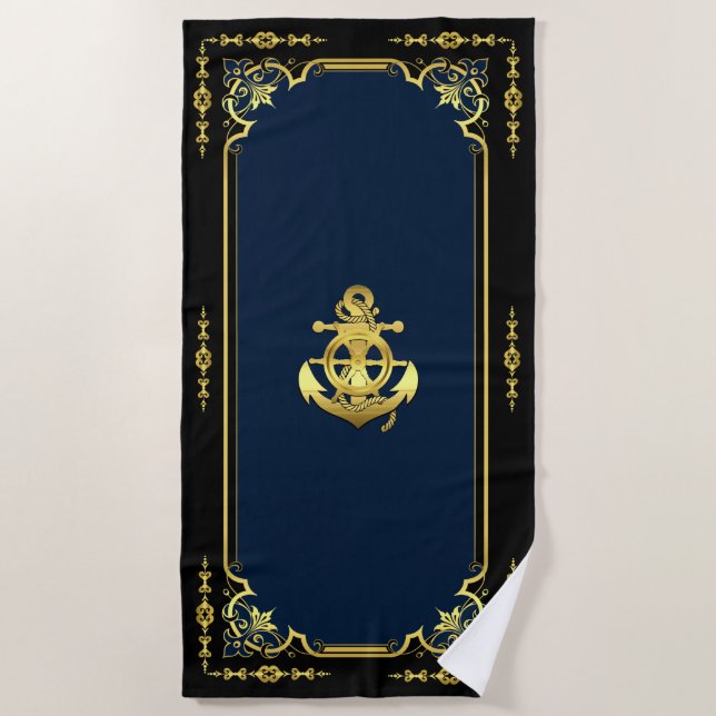Rad/Ankermarinavy-blau/gold des Schiffes  Strandtuch (Vorderseite)