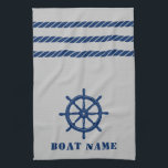 Rad-Helm des Schiffes Rope Your Boat Name Gray Geschirrtuch<br><div class="desc">Custom Nautical Ships Wheel Helm and Rope Streifen mit Ihrem Personalisierten Bootsnamen in Deep Navy Blue auf einem stilvollen Sea Gray Kitchen Handtuch.</div>
