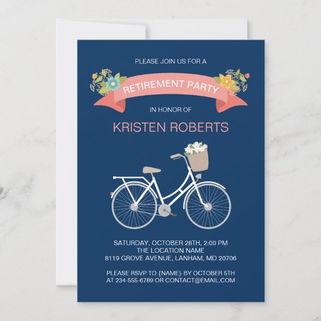 Rad Navy Blue Floral Ribbon Retirement Party Einladung (Vorderseite)