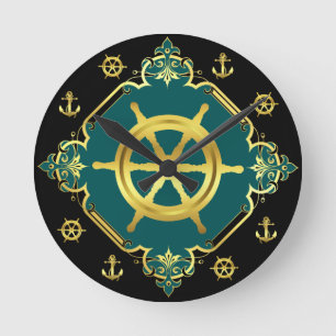 Räder/Anker des Schiffes/ Gold/Schwarz/Wasser Runde Wanduhr