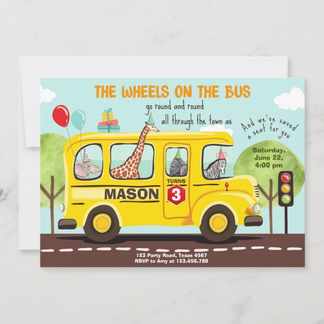 Räder auf dem Birthday Invite School Bus Party Einladung (Vorderseite)