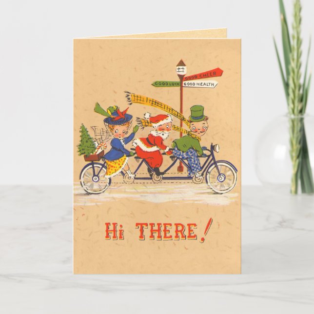 Radfahrende Vintage Weihnachtskarte Sankt Feiertagskarte (Vorderseite)