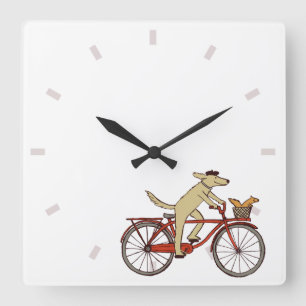 Radfahrender Hund mit Eichhörnchen-Freund - Lustig Quadratische Wanduhr