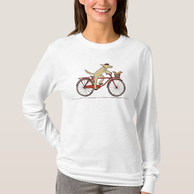 Radfahrenhund mit Eichhörnchen-humorvollem T-Shirt (Vorderseite)