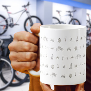 Radfahrer auf lustigen Fahrrädern Linienzeichnungs Kaffeetasse