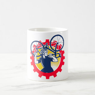 Radfahrer mit Fahrrad Fahrradmechaniker Getriebe Kaffeetasse