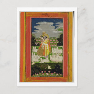Radha and Krishna embrace in an idealised landscap Postkarte
