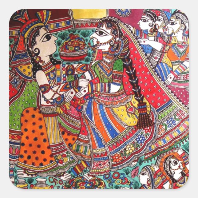 RADHA KRISHNA HINDU GODS MADHUBANI ART STYLE QUADRATISCHER AUFKLEBER (Vorderseite)