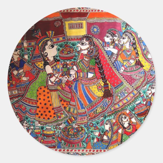 RADHA KRISHNA HINDU GODS MADHUBANI ART STYLE RUNDER AUFKLEBER (Vorderseite)