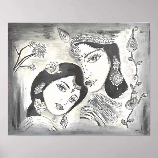 Radha Krishna schwarz und weiß Poster (Vorne)