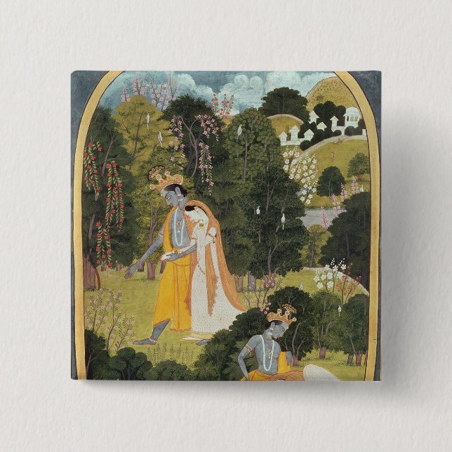Radha und Krishna, die in eine Waldung gehen Button (Vorderseite)