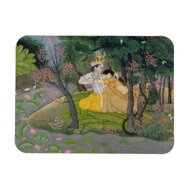 Radha und Krishna umarmen in einem blühenden Hain Magnet (Horizontal)